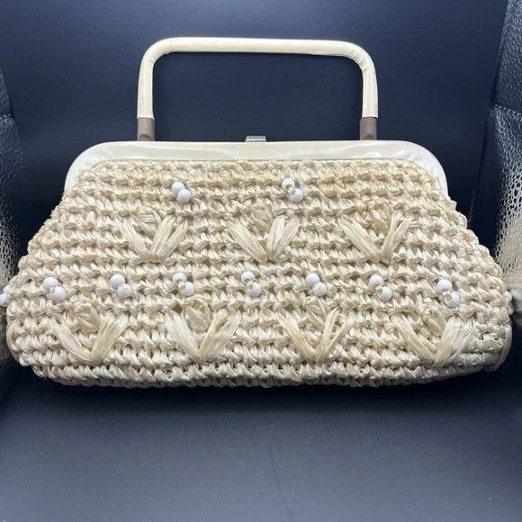 Vintage Rattan Straw Woven Purse Tan White Beaded - Picture 2 of 10